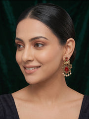 Women Gold-Toned Ethnic Elephant Motif Drop Earrings with Maroon Stones & Pearls