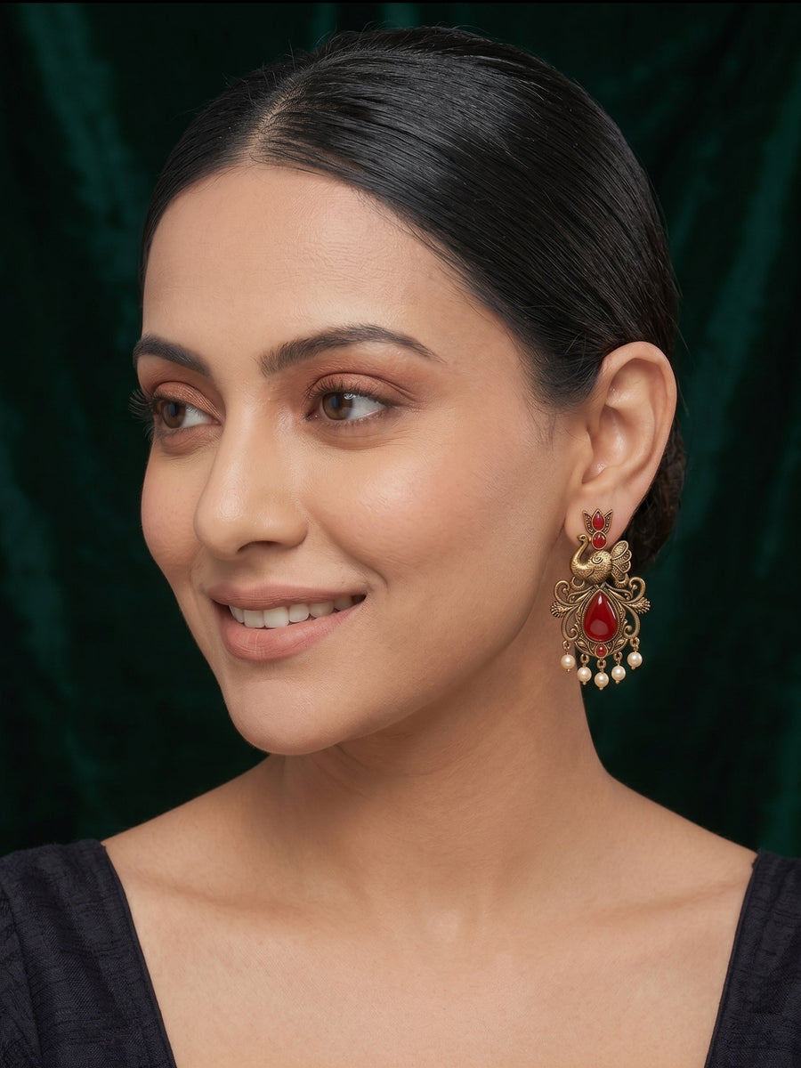 Women Gold-Toned Ethnic Elephant Motif Drop Earrings with Maroon Stones & Pearls