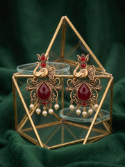 Women Gold-Toned Ethnic Elephant Motif Drop Earrings with Maroon Stones & Pearls