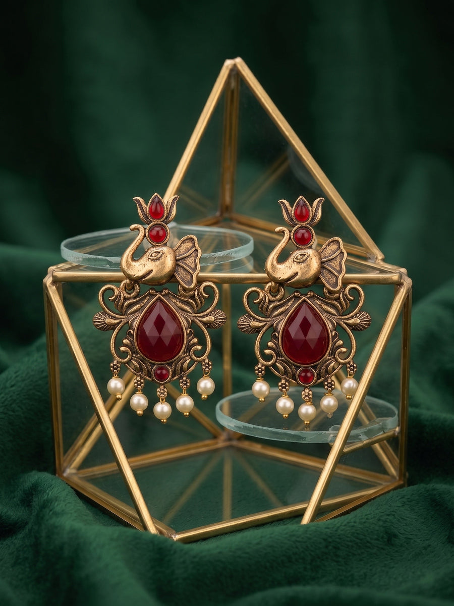 Women Gold-Toned Ethnic Elephant Motif Drop Earrings with Maroon Stones & Pearls