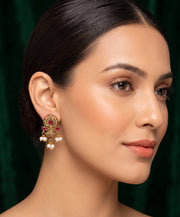 Women Antique Gold-Plated Lotus Motif Stud Earrings with Pink Stones & Pearl