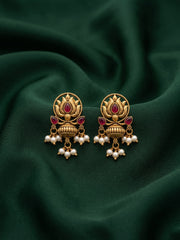 Women Antique Gold-Plated Lotus Motif Stud Earrings with Pink Stones & Pearl