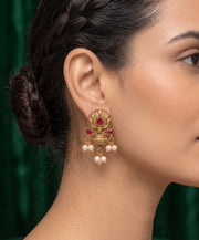Women Antique Gold-Plated Lotus Motif Stud Earrings with Pink Stones & Pearl