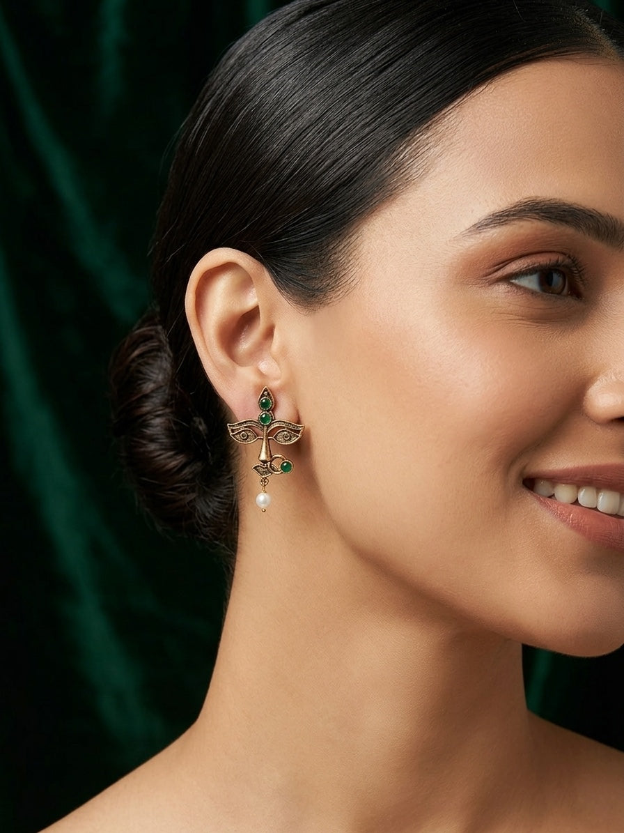 Women Antique Gold-Plated Goddess Durga Face Stud Earrings with Green Stones & Pearls