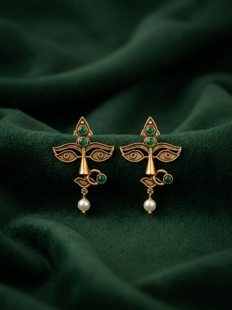 Women Antique Gold-Plated Goddess Durga Face Stud Earrings with Green Stones & Pearls