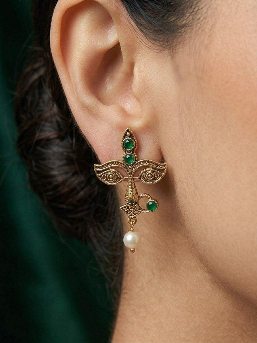 Women Antique Gold-Plated Goddess Durga Face Stud Earrings with Green Stones & Pearls