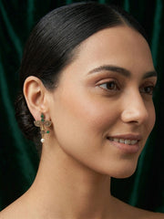 Women Antique Gold-Plated Goddess Durga Face Stud Earrings with Green Stones & Pearls