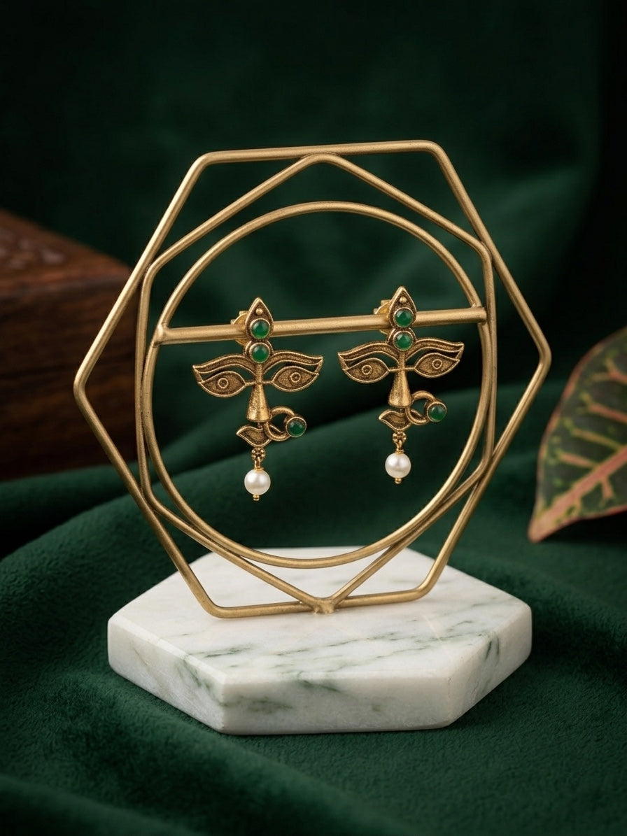 Women Antique Gold-Plated Goddess Durga Face Stud Earrings with Green Stones & Pearls