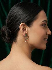 Women Antique Gold-Plated Goddess Durga Face Stud Earrings with Green Stones & Pearls