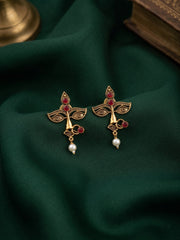 Women Antique Gold-Plated Goddess Durga Face Stud Earrings with Green Stones & Pearls