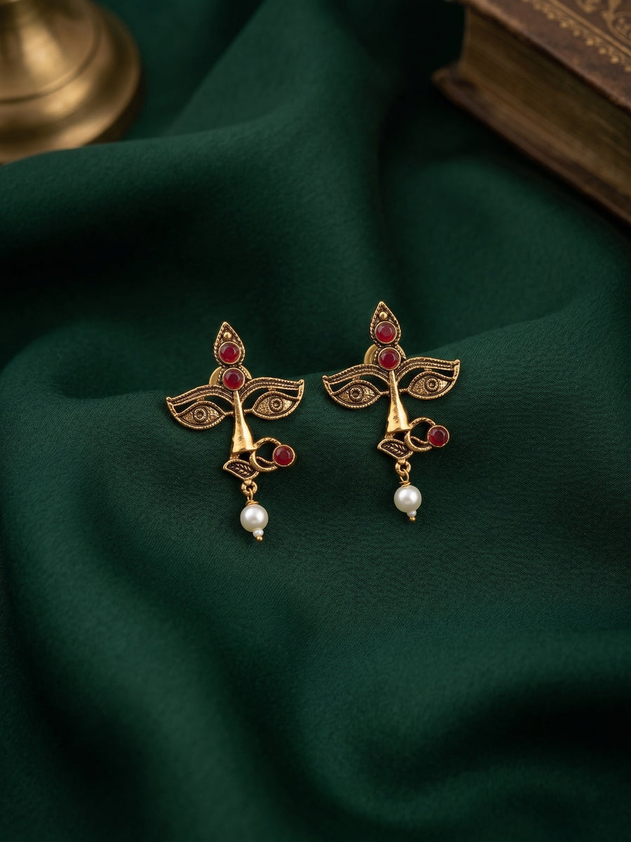 Women Antique Gold-Plated Goddess Durga Face Stud Earrings with Green Stones & Pearls