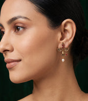 Women Antique Gold-Plated Goddess Durga Face Stud Earrings with Green Stones & Pearls