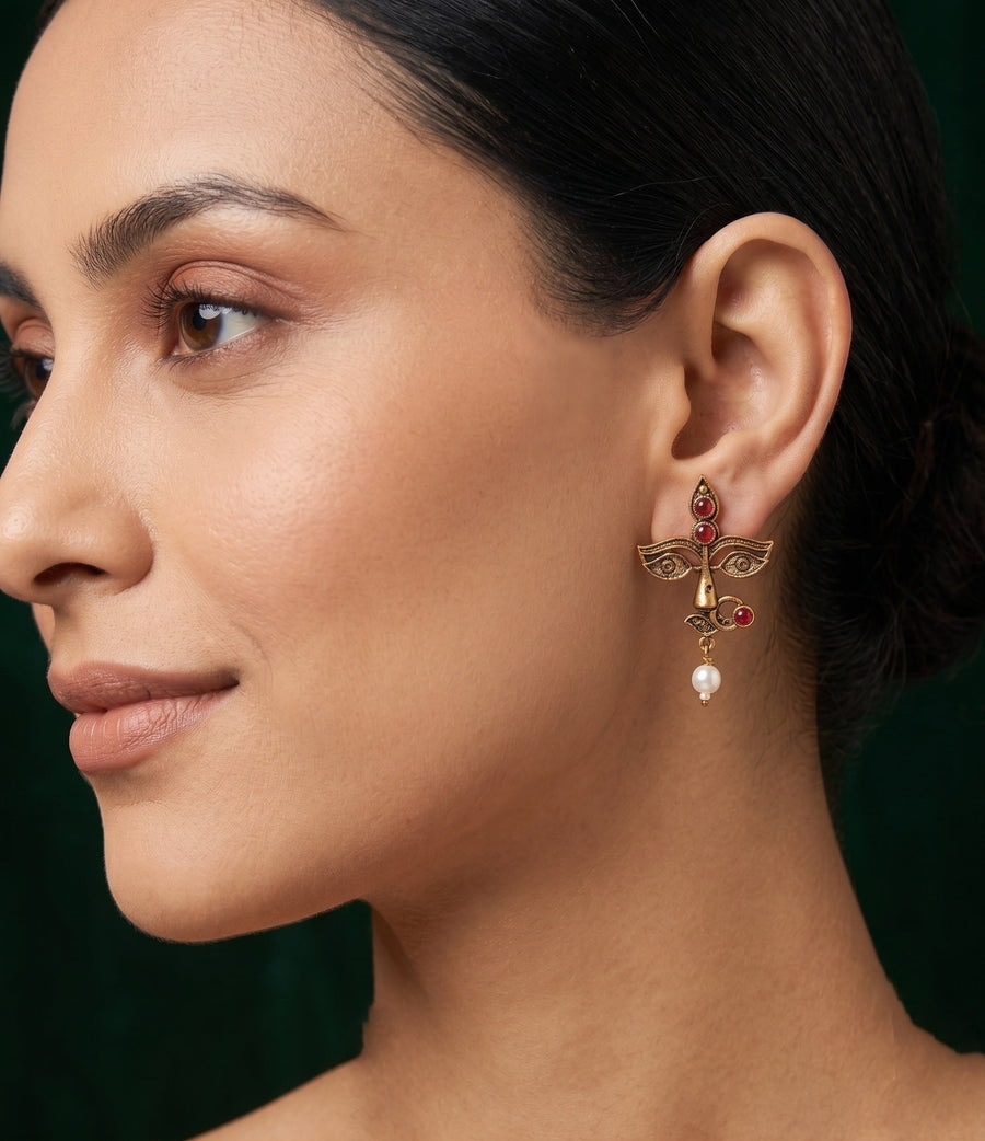 Women Antique Gold-Plated Goddess Durga Face Stud Earrings with Green Stones & Pearls