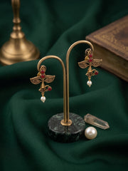 Women Antique Gold-Plated Goddess Durga Face Stud Earrings with Green Stones & Pearls