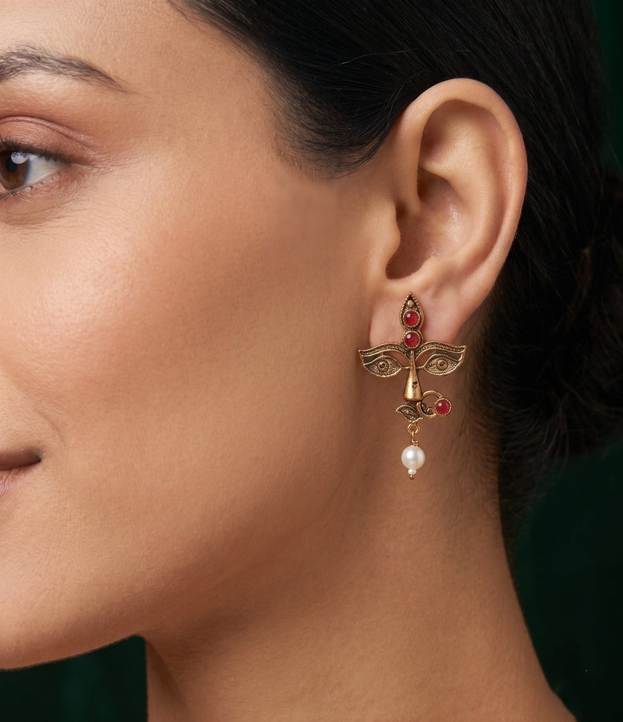 Women Antique Gold-Plated Goddess Durga Face Stud Earrings with Green Stones & Pearls