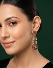 Women Gold Oxidized With Beaded Stone Drop Earrings