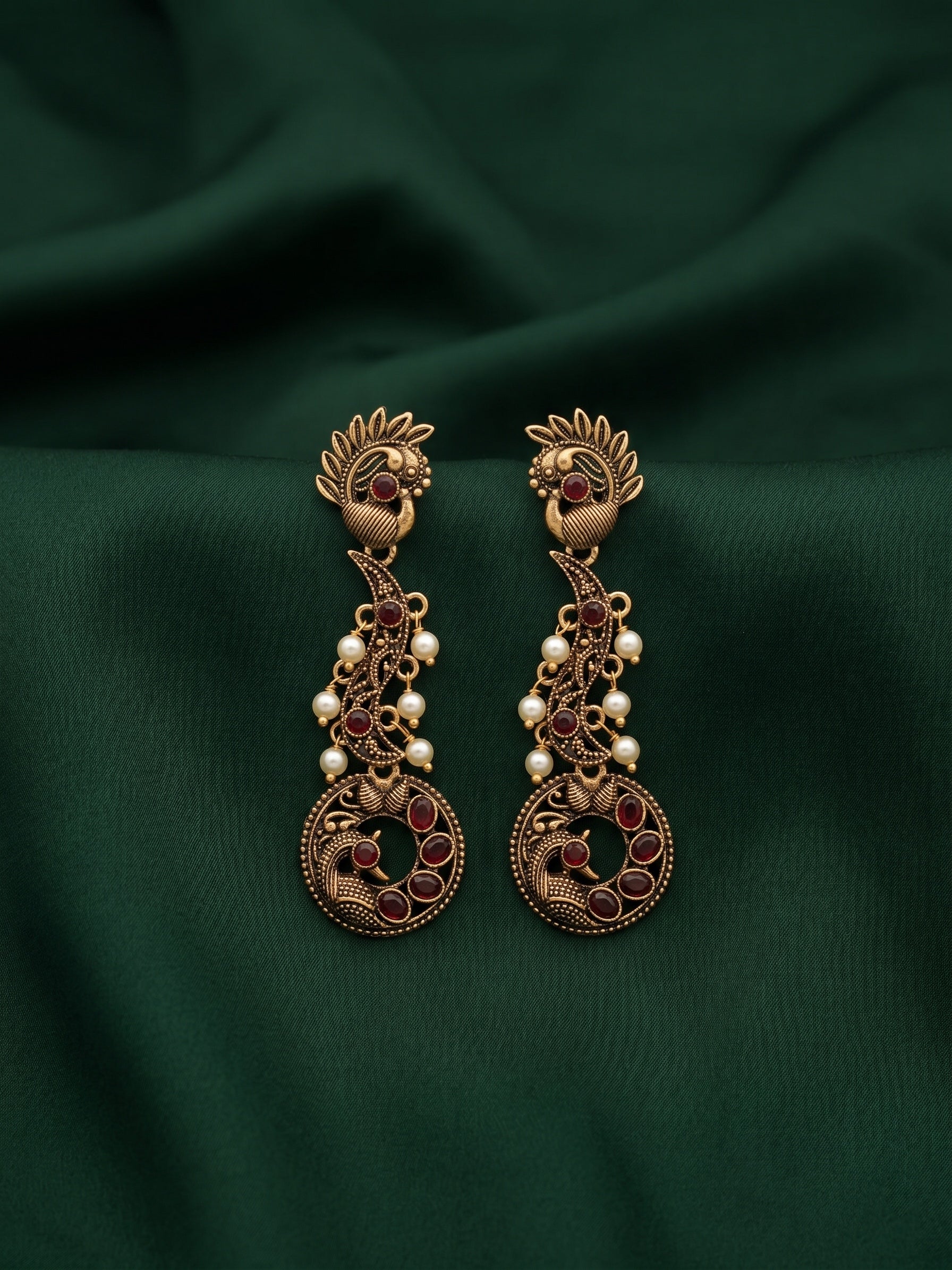 Women Gold Oxidized With Beaded Stone Drop Earrings