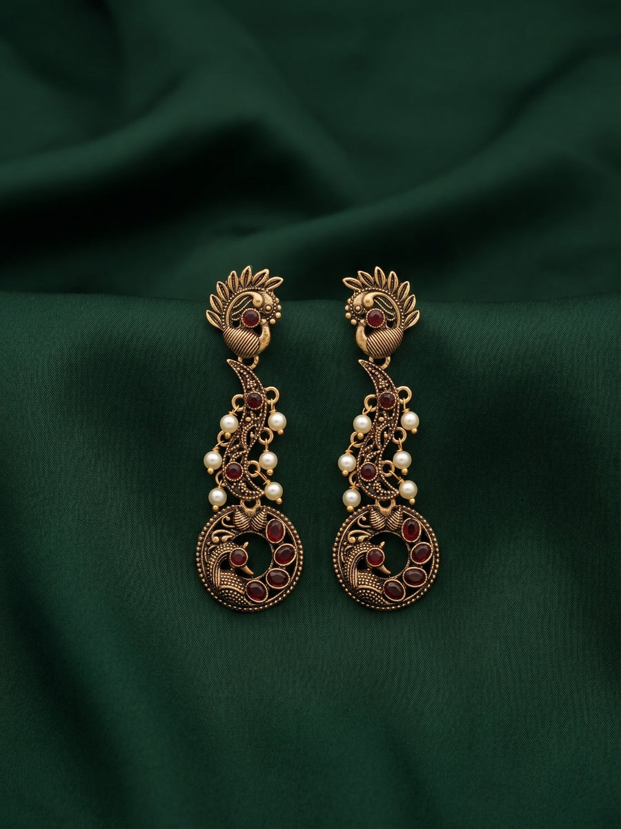 Women Gold Oxidized With Beaded Stone Drop Earrings
