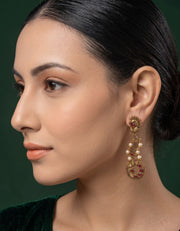 Women Gold Oxidized With Beaded Stone Drop Earrings