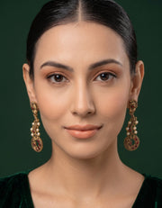 Women Gold Oxidized With Beaded Stone Drop Earrings