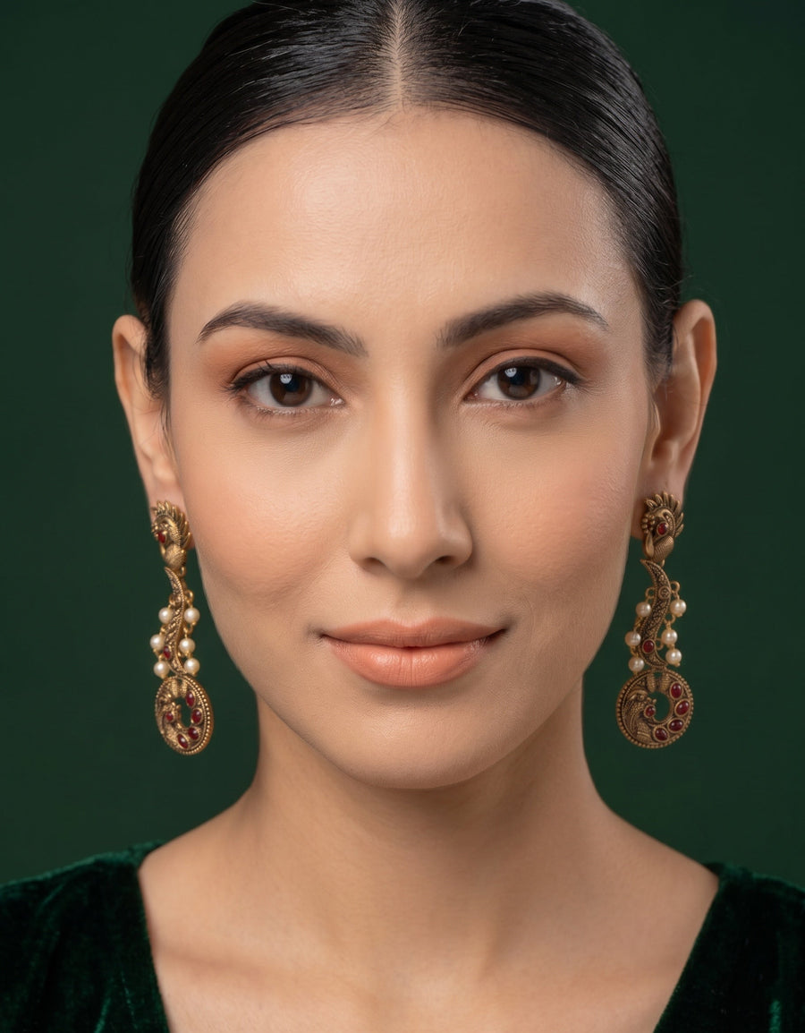 Women Gold Oxidized With Beaded Stone Drop Earrings