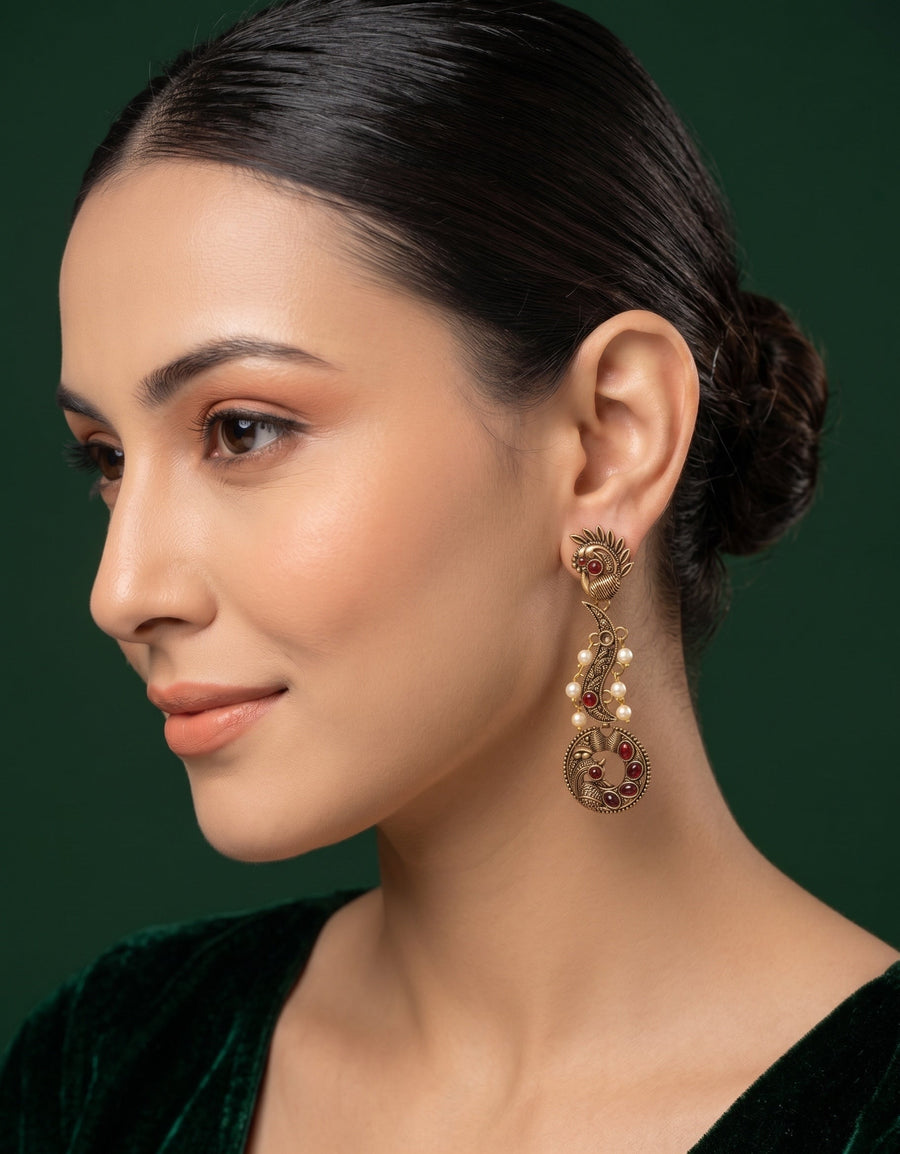 Women Gold Oxidized With Beaded Stone Drop Earrings