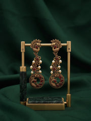 Women Gold Oxidized With Beaded Stone Drop Earrings