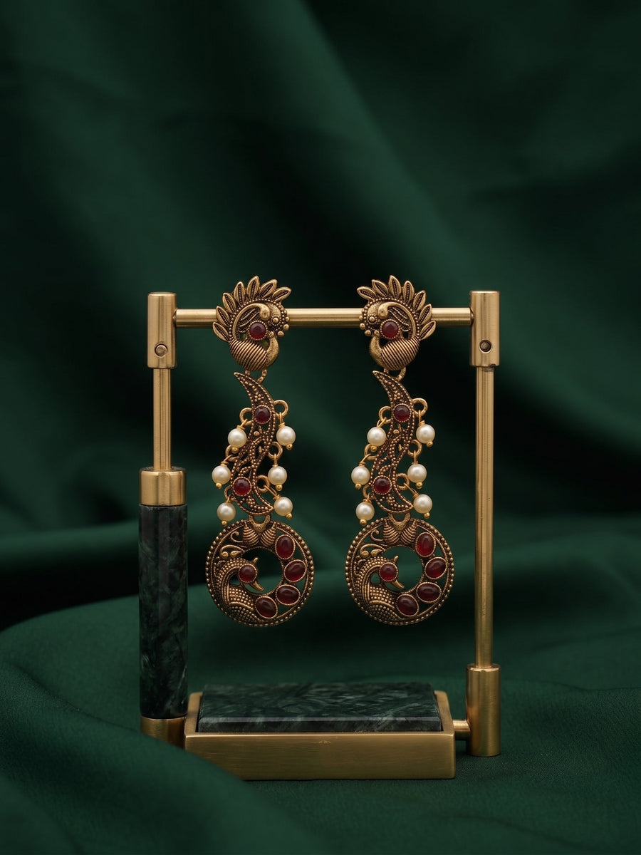 Women Gold Oxidized With Beaded Stone Drop Earrings