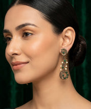 Women Gold Oxidized With Beaded Stone Drop Earrings