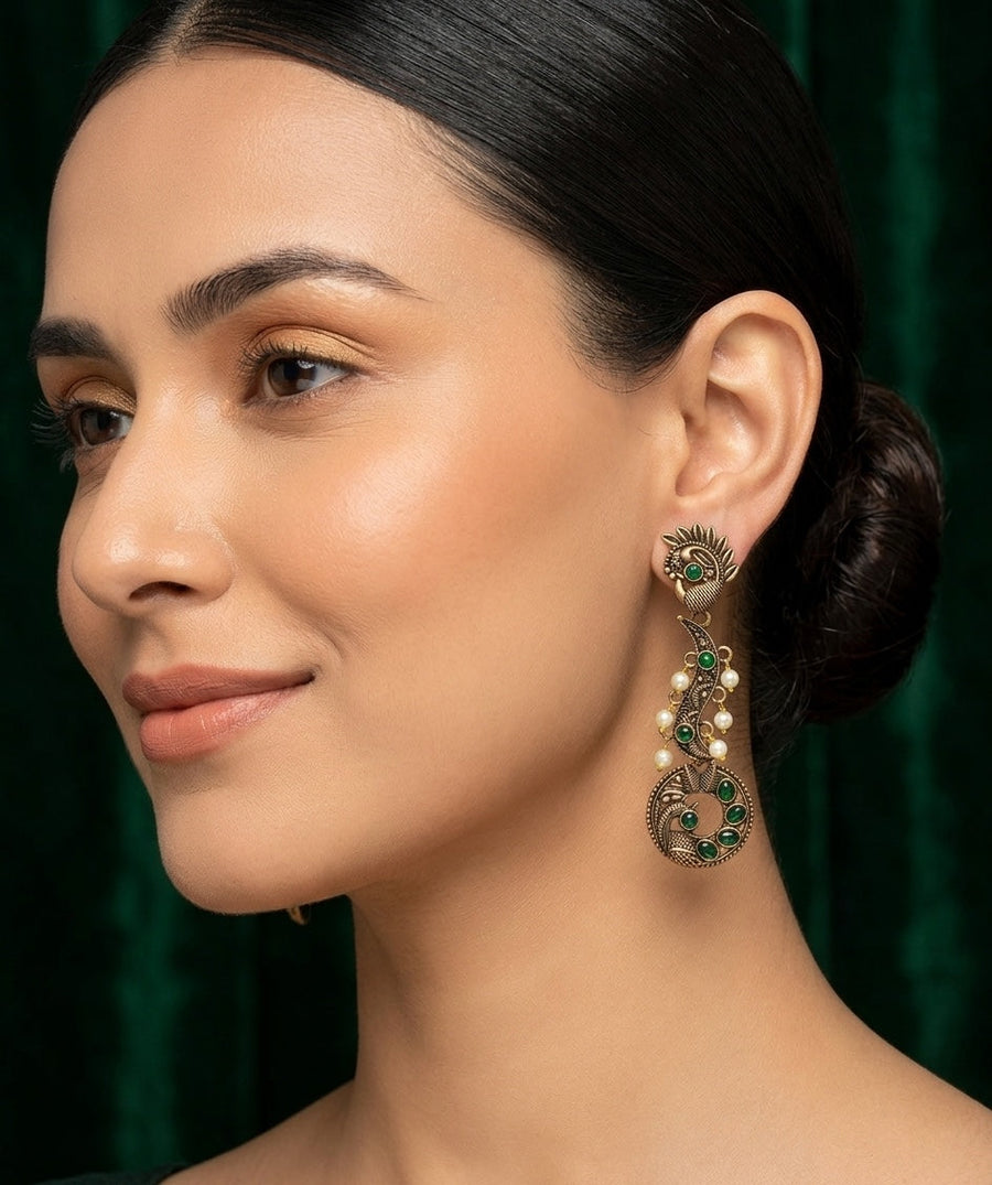 Women Gold Oxidized With Beaded Stone Drop Earrings