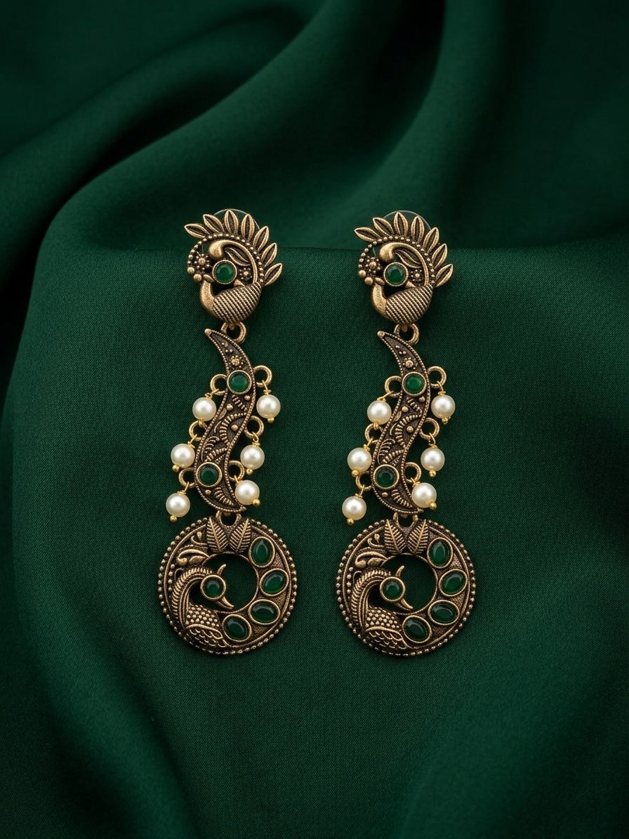 Women Gold Oxidized With Beaded Stone Drop Earrings