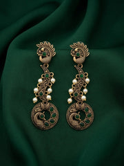 Women Gold Oxidized With Beaded Stone Drop Earrings