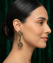 Women Gold Oxidized With Beaded Stone Drop Earrings