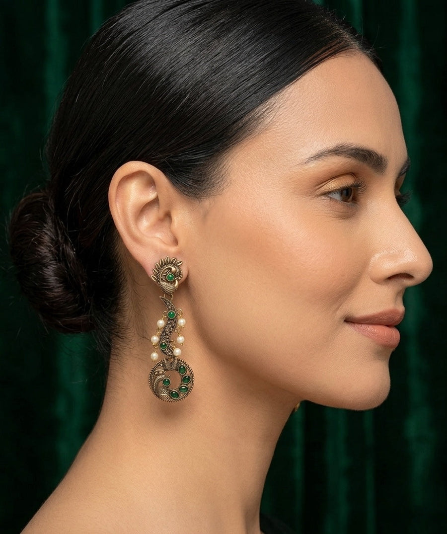 Women Gold Oxidized With Beaded Stone Drop Earrings