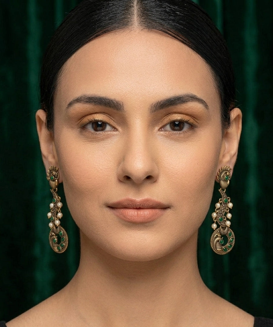 Women Gold Oxidized With Beaded Stone Drop Earrings