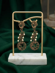 Women Gold Oxidized With Beaded Stone Drop Earrings