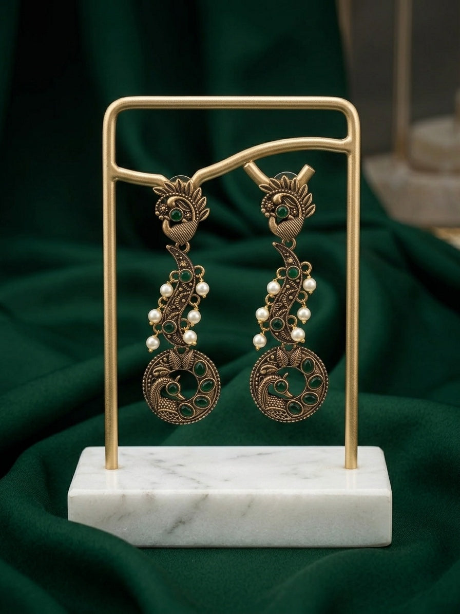 Women Gold Oxidized With Beaded Stone Drop Earrings