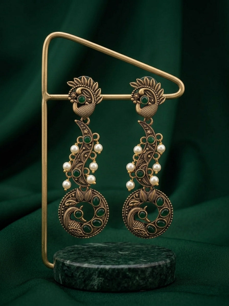 Women Gold Oxidized With Beaded Stone Drop Earrings
