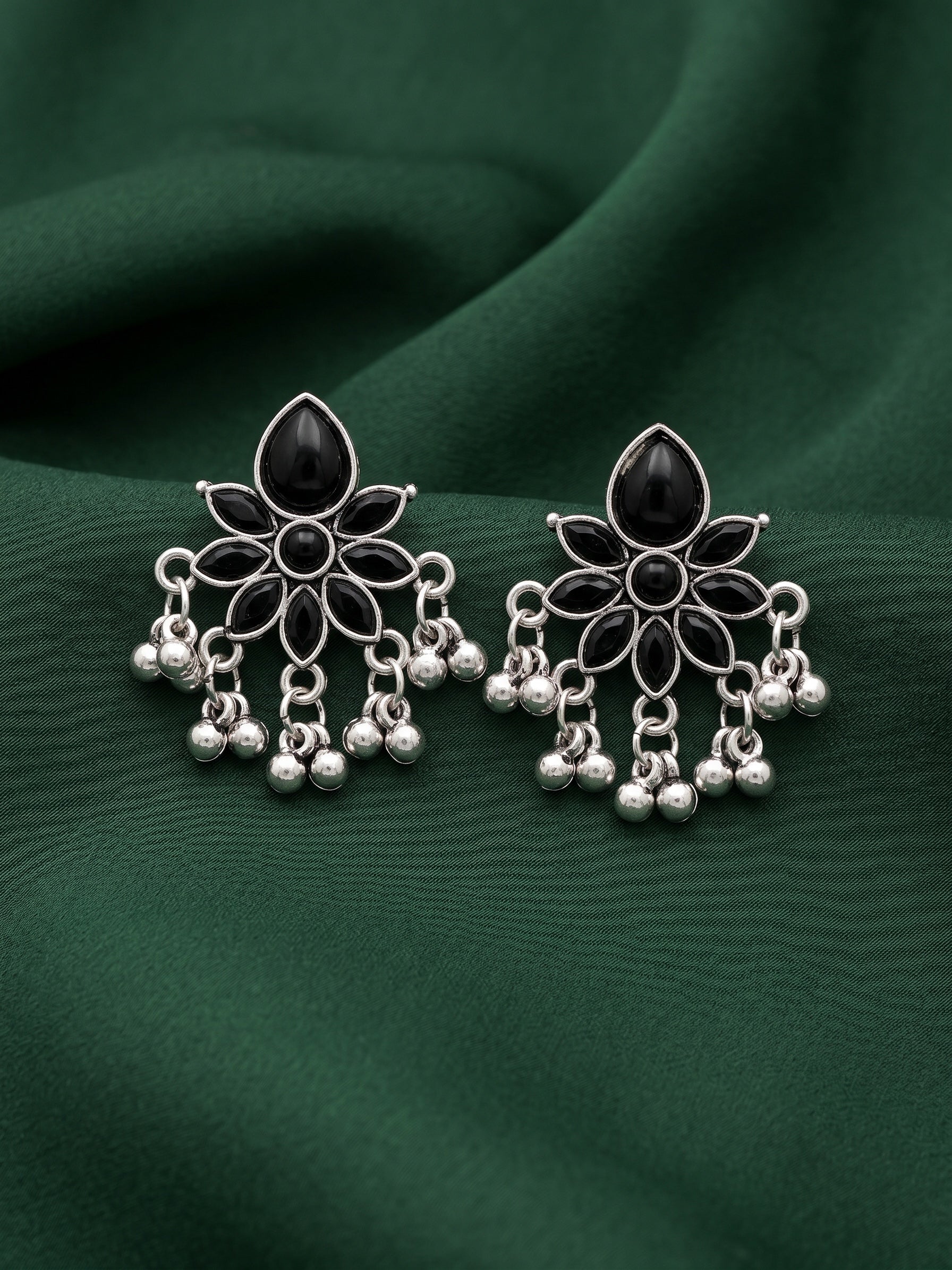 Silver Plated Black Beaded Drop Earrings