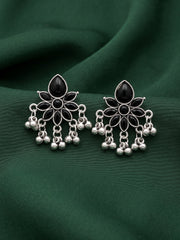 Silver Plated Black Beaded Drop Earrings