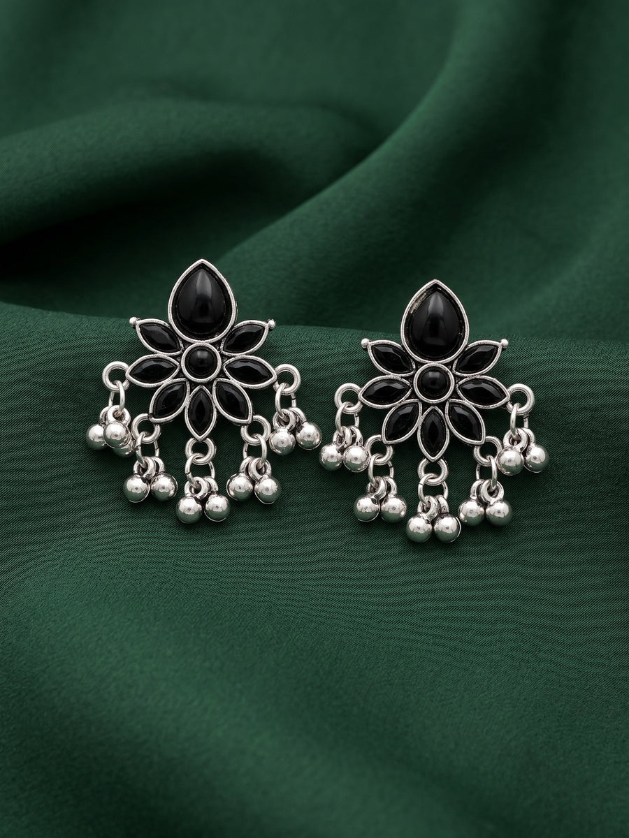 Silver Plated Black Beaded Drop Earrings