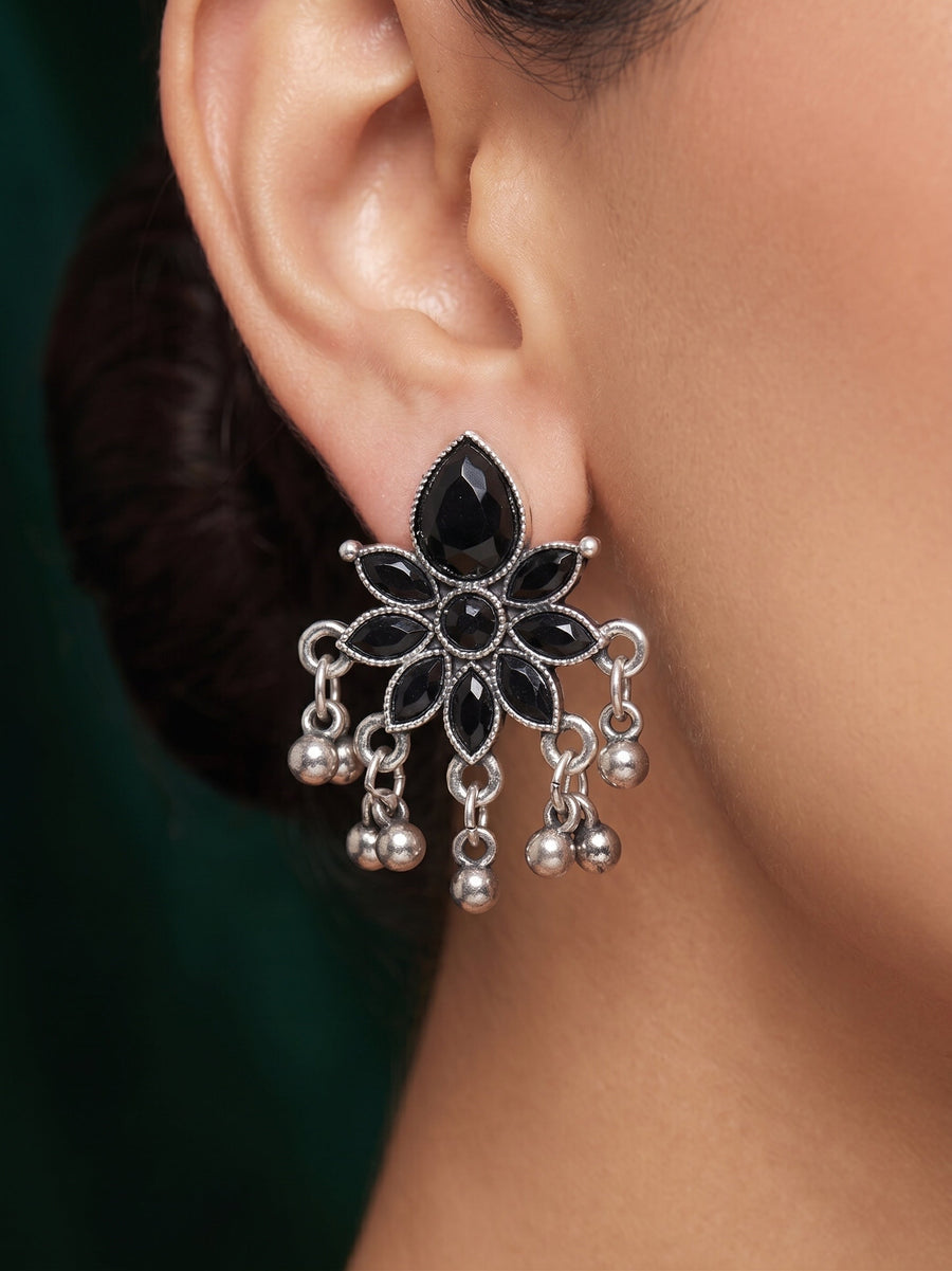 Silver Plated Black Beaded Drop Earrings