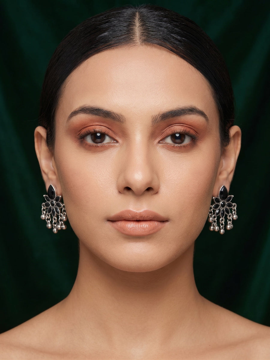Silver Plated Black Beaded Drop Earrings