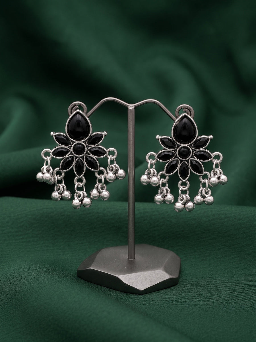 Silver Plated Black Beaded Drop Earrings