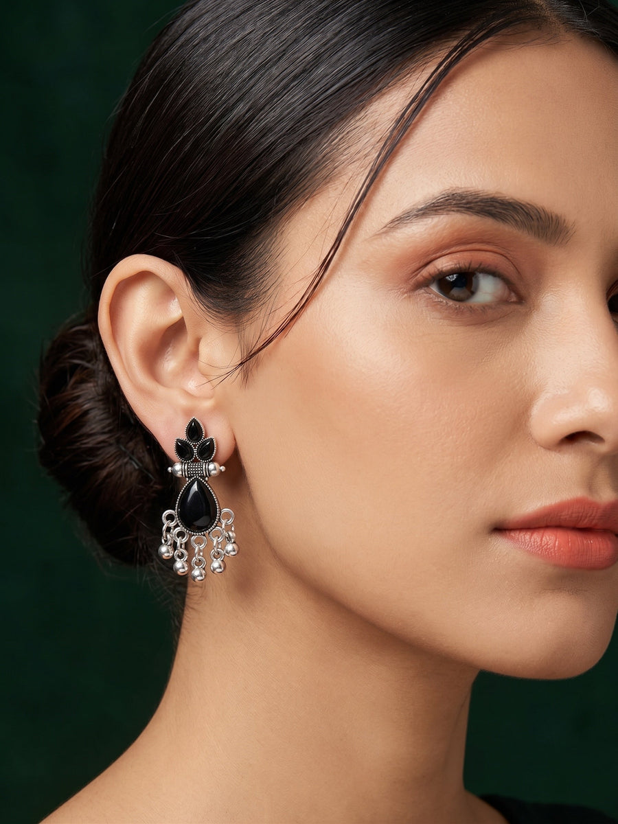 Silver Plated Black Beaded Drop Earrings