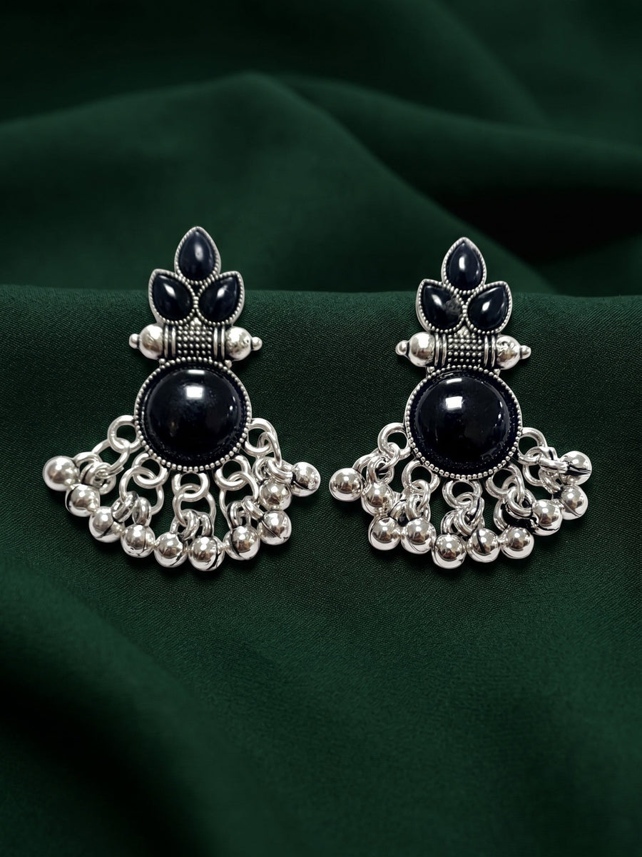 Silver Plated Black Beaded Drop Earrings