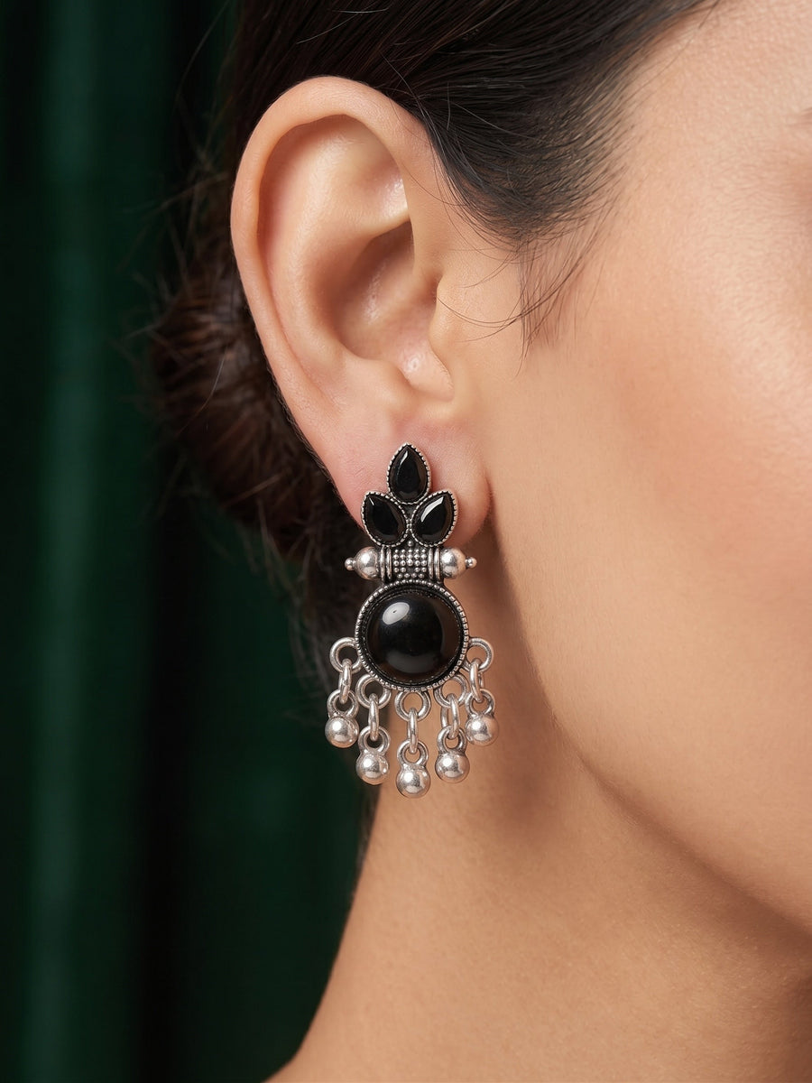 Silver Plated Black Beaded Drop Earrings
