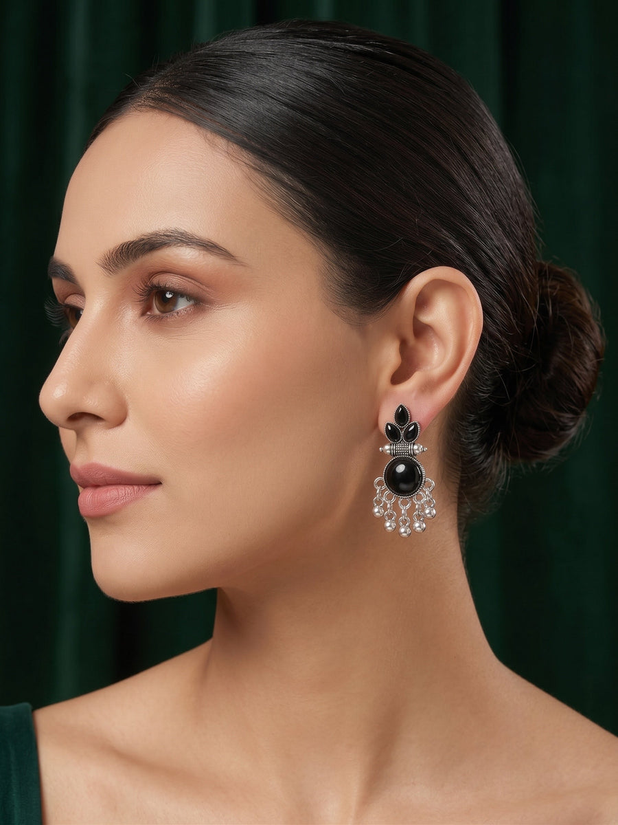 Silver Plated Black Beaded Drop Earrings
