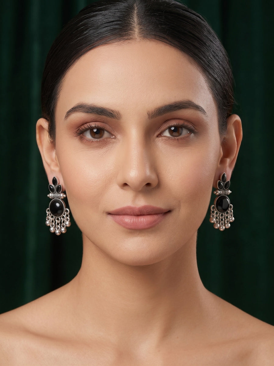 Silver Plated Black Beaded Drop Earrings