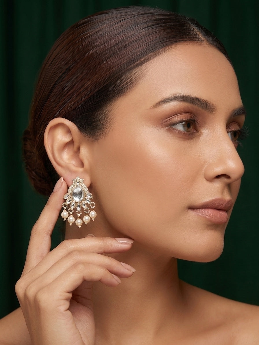 Kundan Studded And Pearls Beaded Drop Earrings